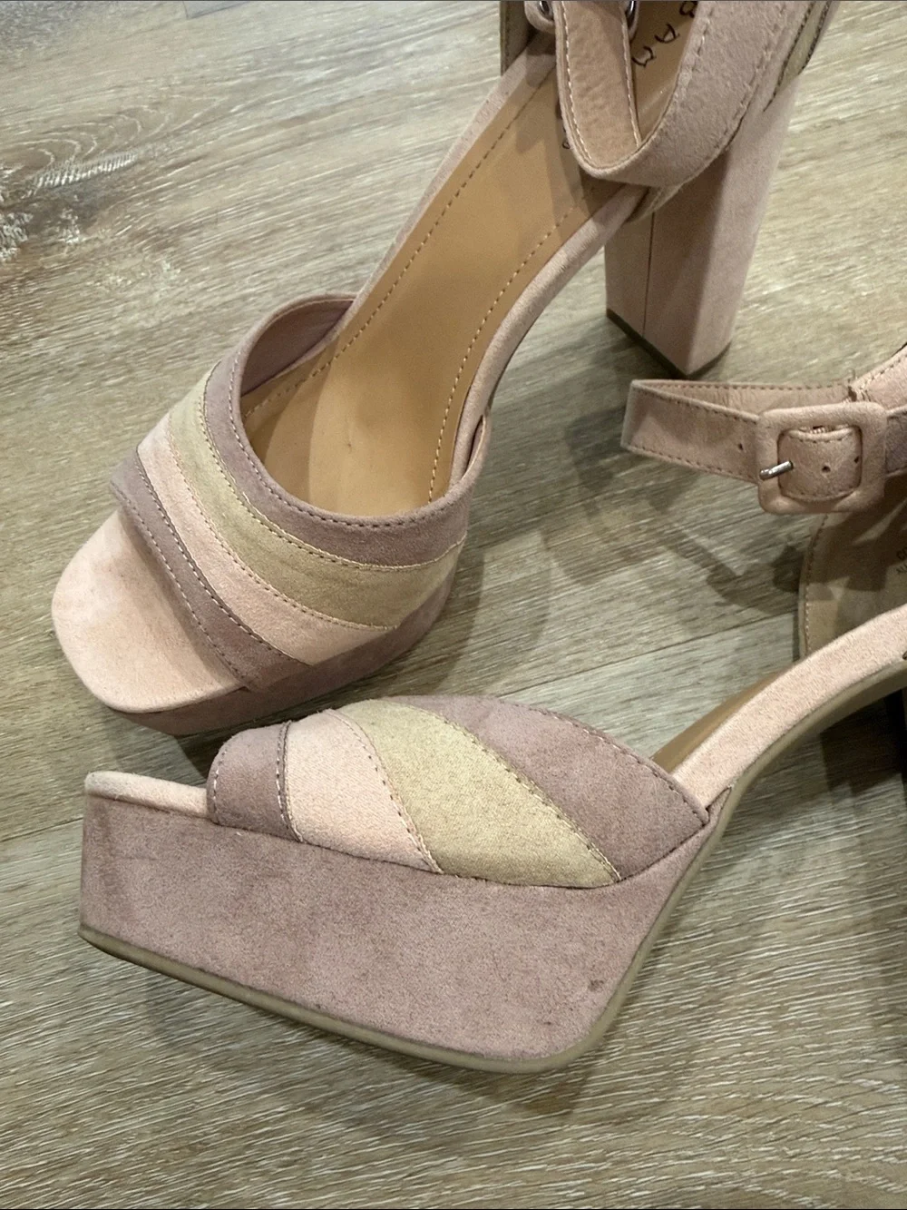 BAMBOO Pink, Taupe and Cream Suede Platform Block Heels